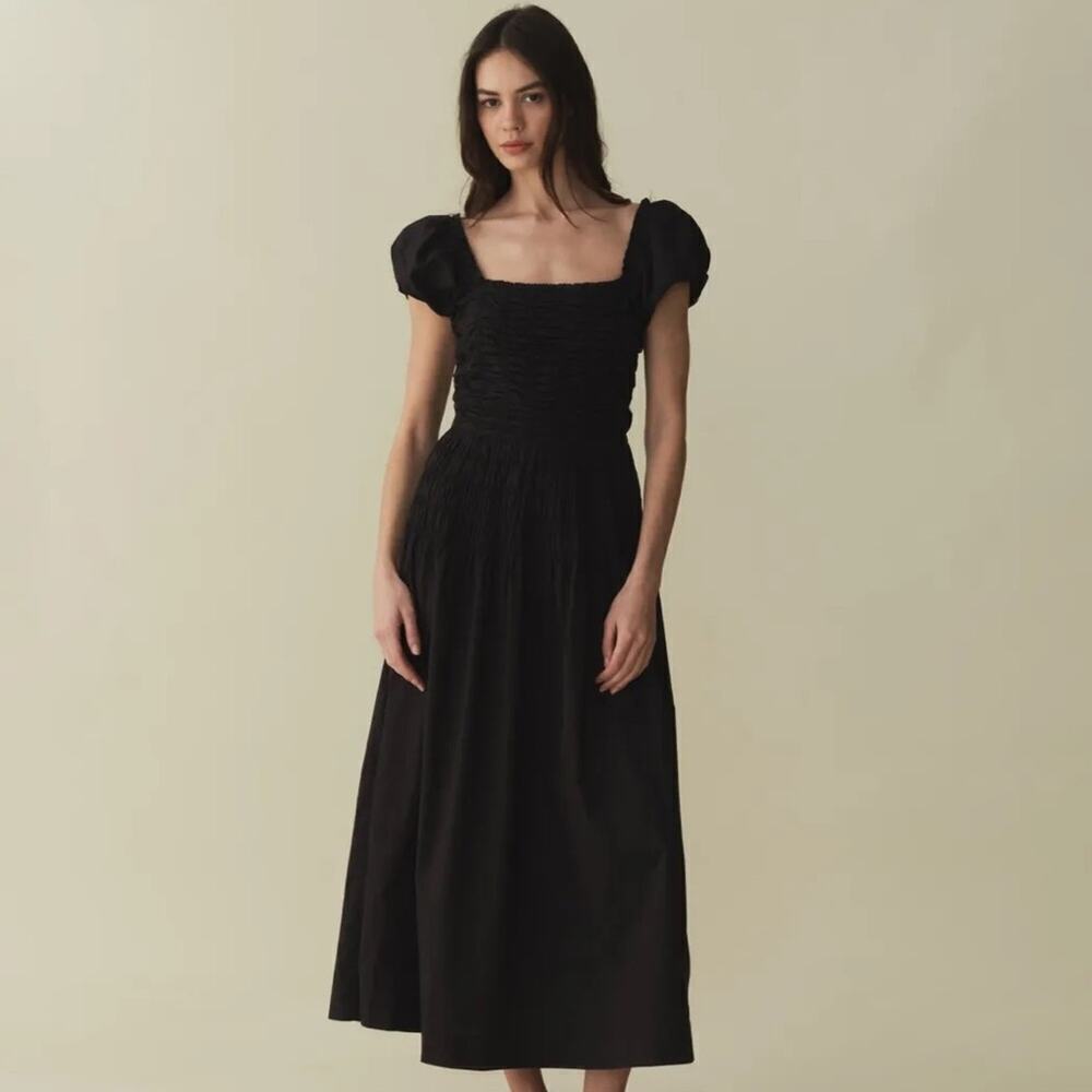 Doen Katherina Cotton Poplin Smocked Ruched Short Puff Sleeve Maxi Dress Black